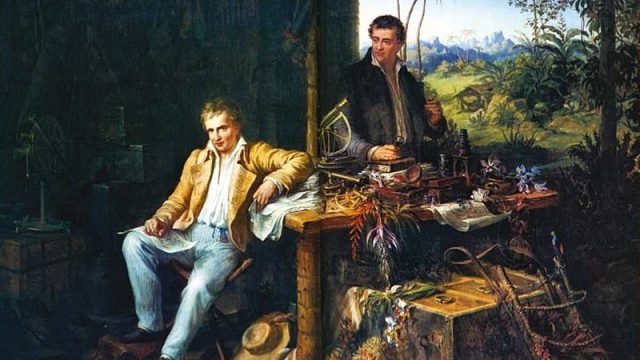 Alexander von Humboldt y Bonpland en la selva amazónica del río Casiquiare (óleo de Eduard Ender, hacia 1850)