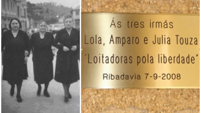 Las tres hermanas y la placa que les rinde homenaje en su Ribadavia natal