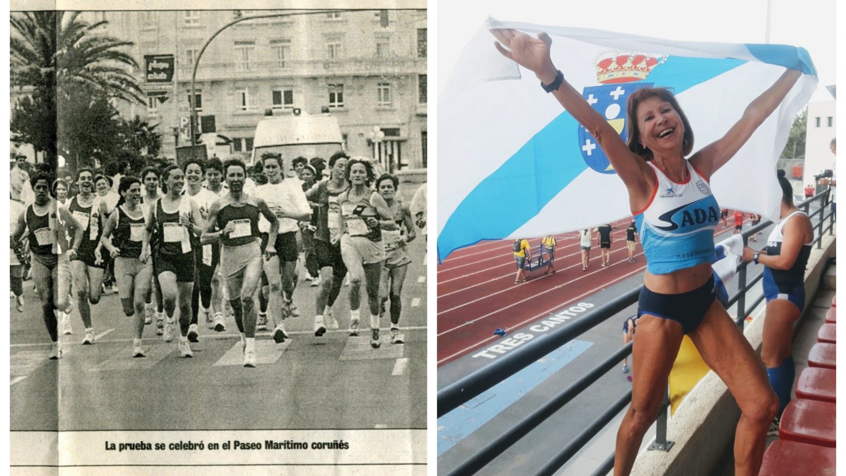 El recorte de la noticia de la carrera en el 93 y María Luisa celebrando el ascenso del Club de Atletismo de Sada