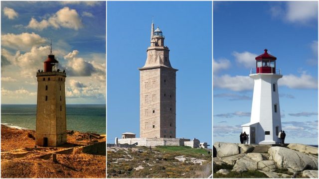 Rubjerg Knude en Dinamarca, la Torre de Hércules de A Coruña y el faro Peggy's Point de Canadá