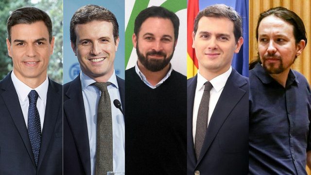 Pedro Sánchez, Casado, Abascal, Rivera e Iglesias.