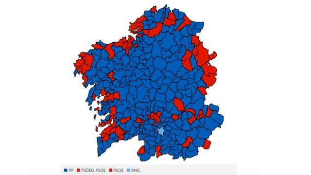 Mapa de fuerzas más votadas en Galicia