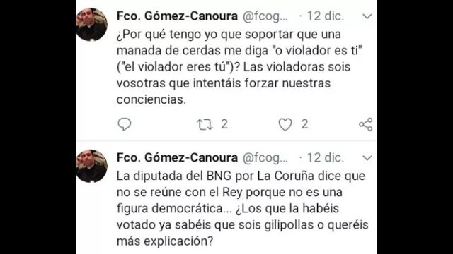 Tuits del párroco de Zas, Francisco Gómez-Canoura, en los que llama "manada de cerdas" a las feministas y "gilipollas" a los votantes del BNG