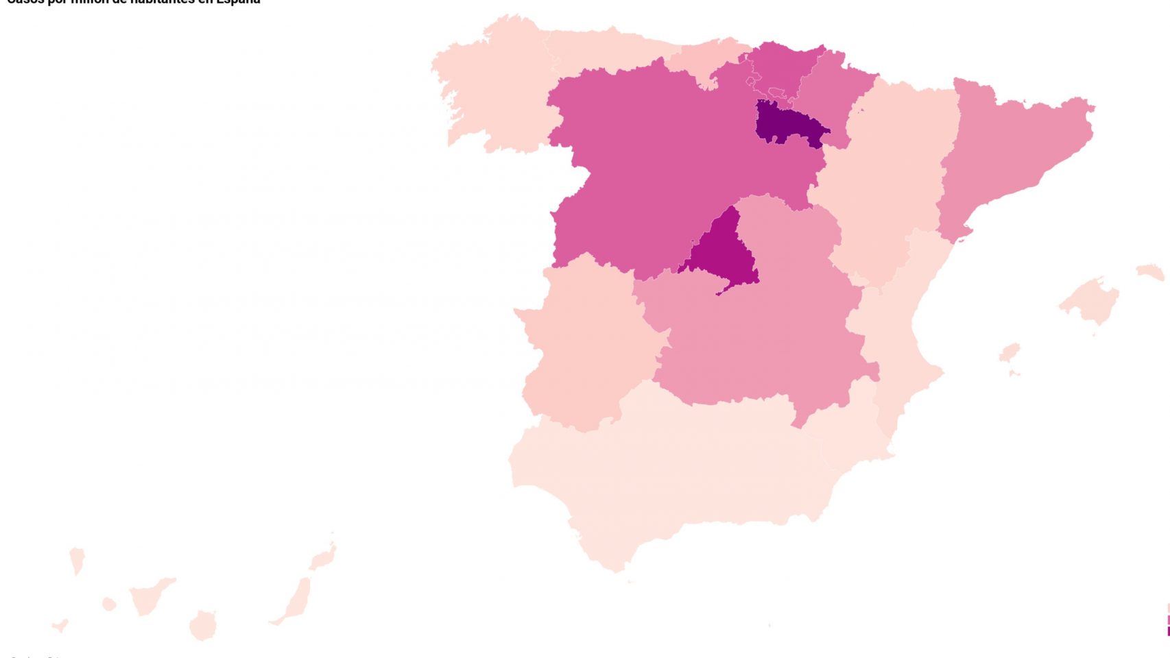 Mapa de casos en España por millón de habitantes
