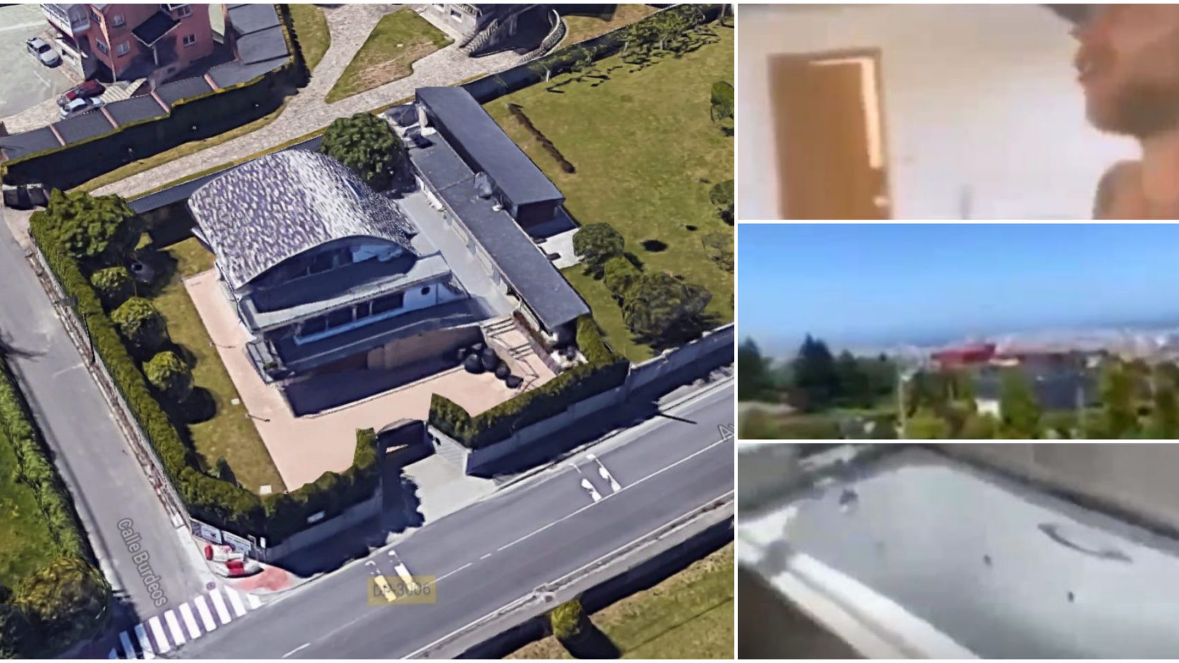Imagen aérea de la casa y capturas del vídeo de los okupas.