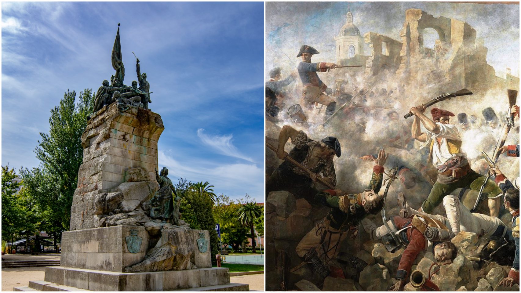 Monumento a los héroes de Ponte Sampaio en Pontevedra y cuadro "El Sitio de Gerona (1809)"