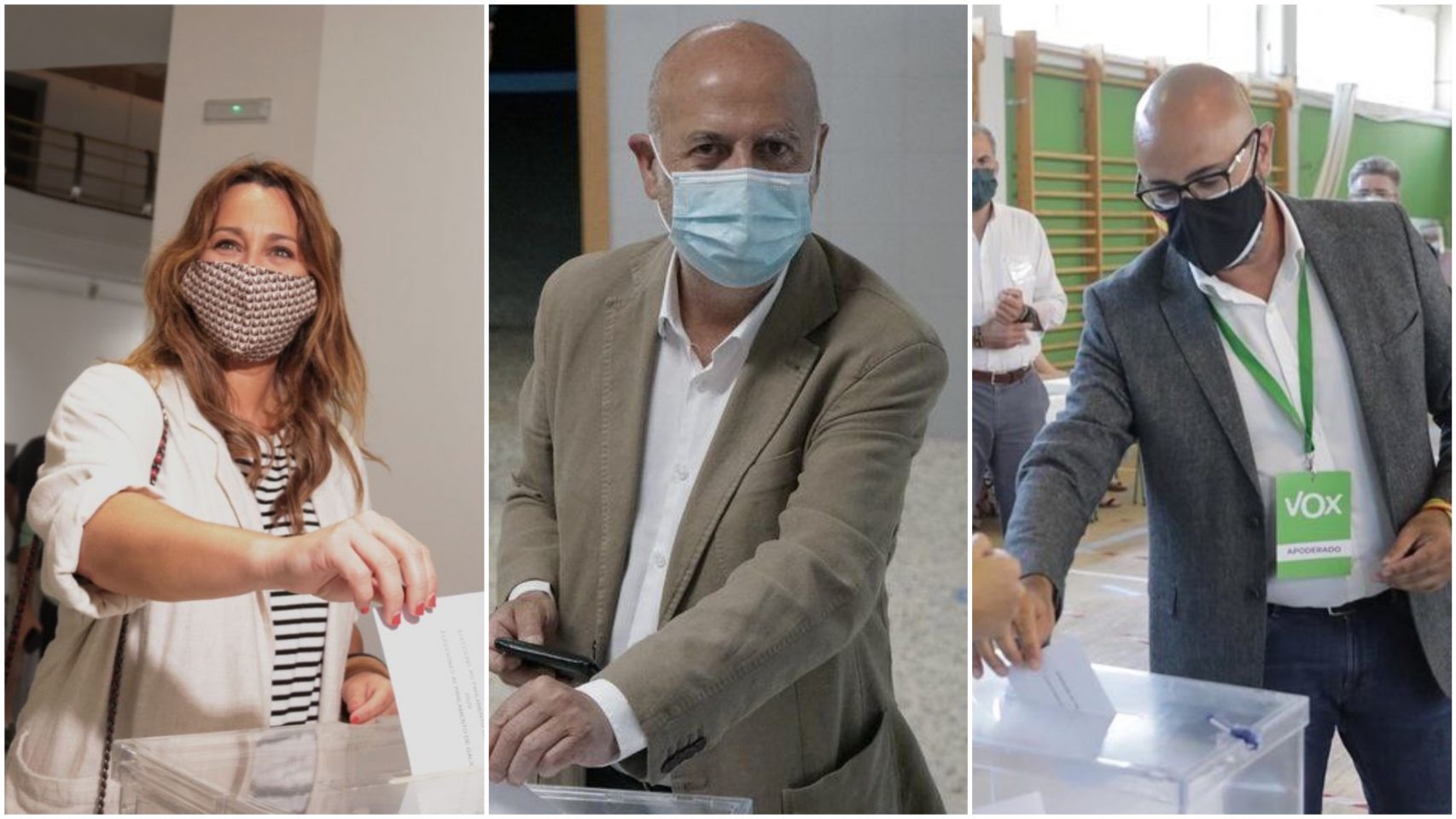 Beatriz Pino (Ciudadanos), Pancho Casal (Marea Galeguista) y Ricardo Morado (Vox), votando hoy