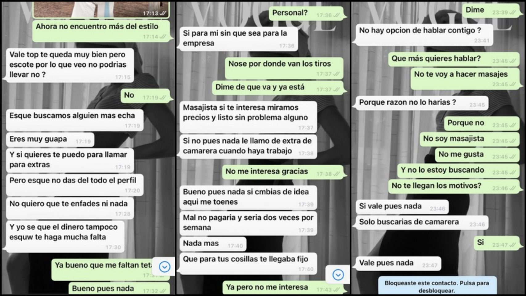 Capturas de pantalla de la conversación entre Arancha Baizán y el supuesto empleador.