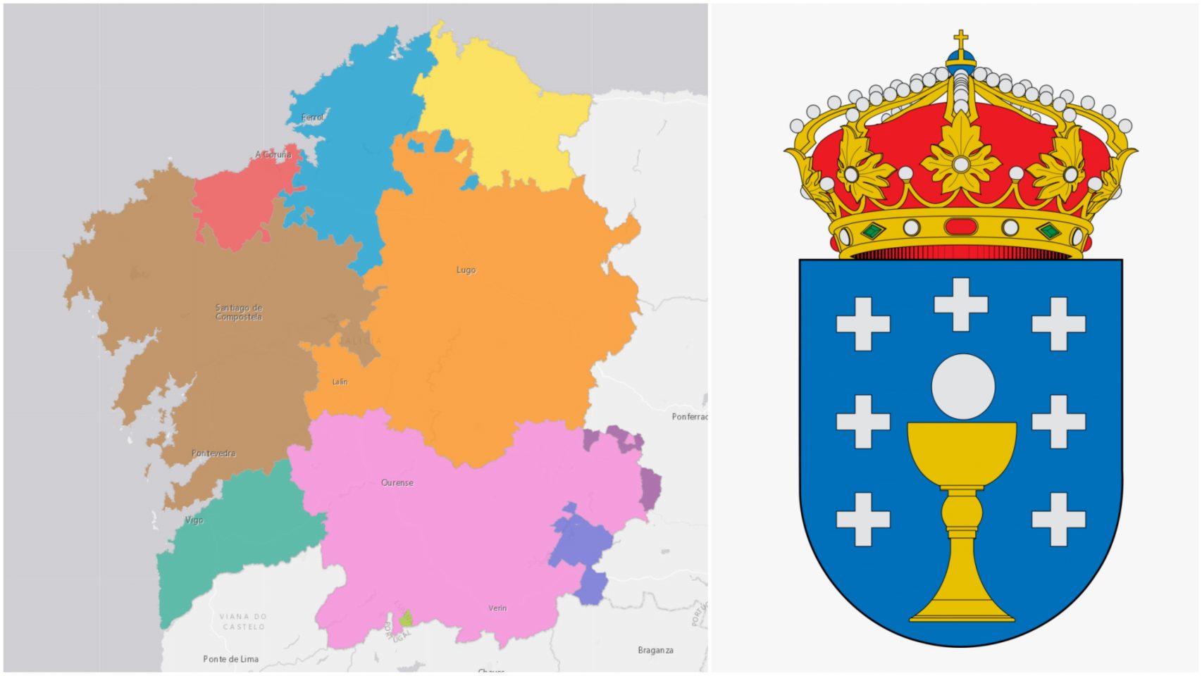 Las siete provincias gallegas originales y el escudo de Galicia que les rinde homenaje.