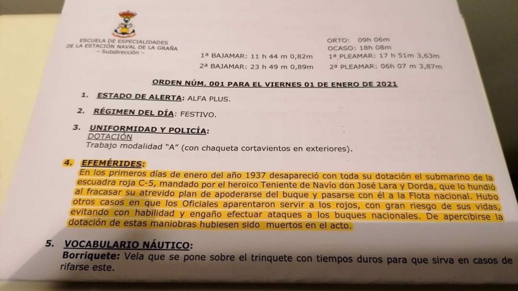 Orden del día 1 de enero de 2020 de la Escuela Naval de la Armada en Ferrol