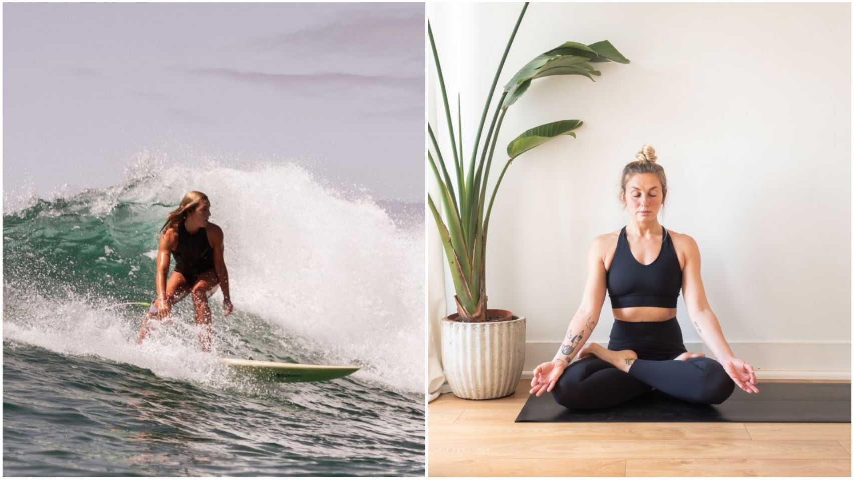 Cristina Irisarri en sus dos facetas, surfista y practicante de yoga