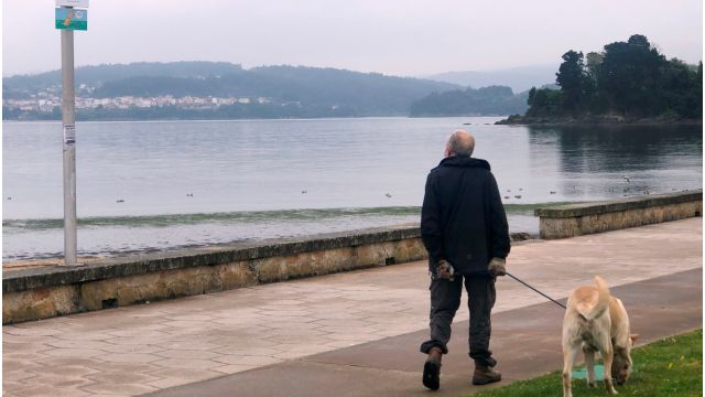 Un hombre con su perro en una playa de Sada.