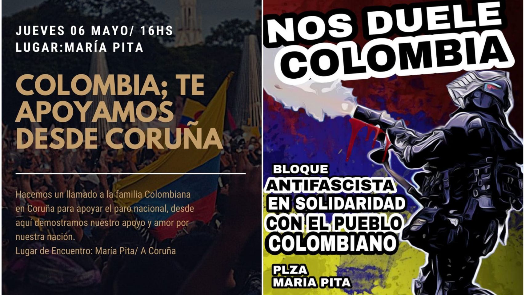 Carteles de las concentraciones en apoyo a Colombia