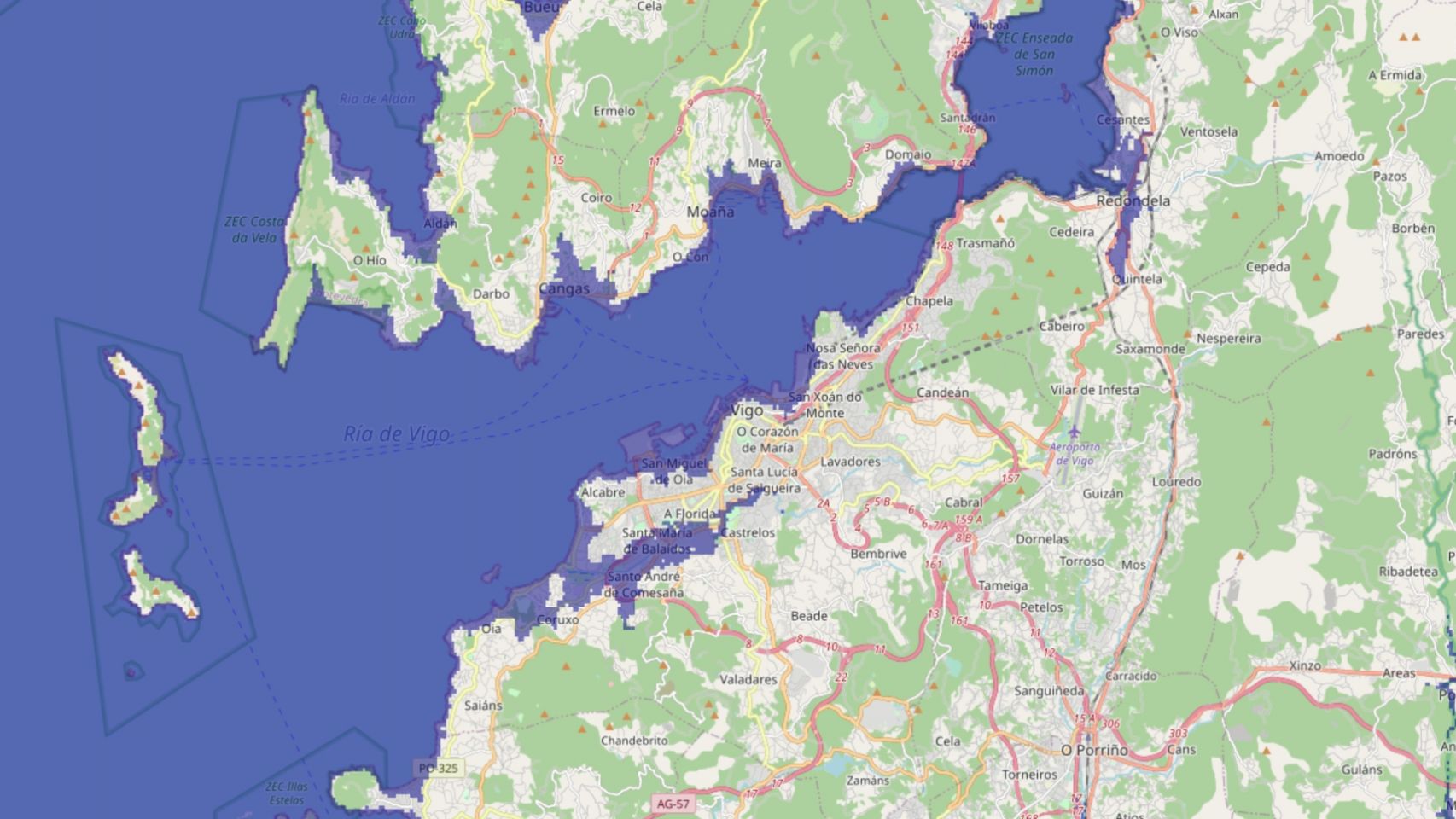 Mapa de Vigo simulando una subida del nivel del mar de 20 metros