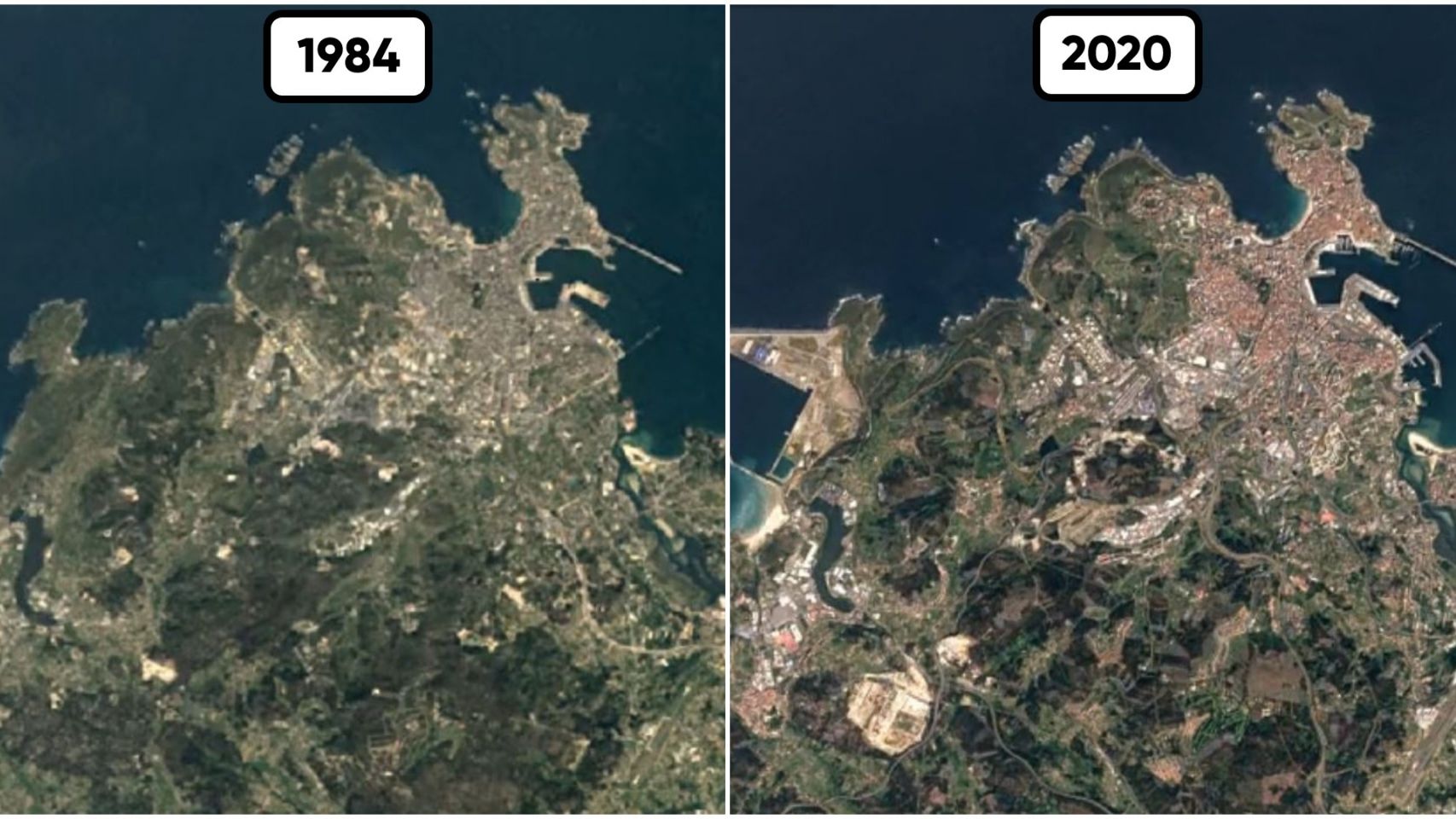 Comparación de A Coruña en 1984 y 2020.
