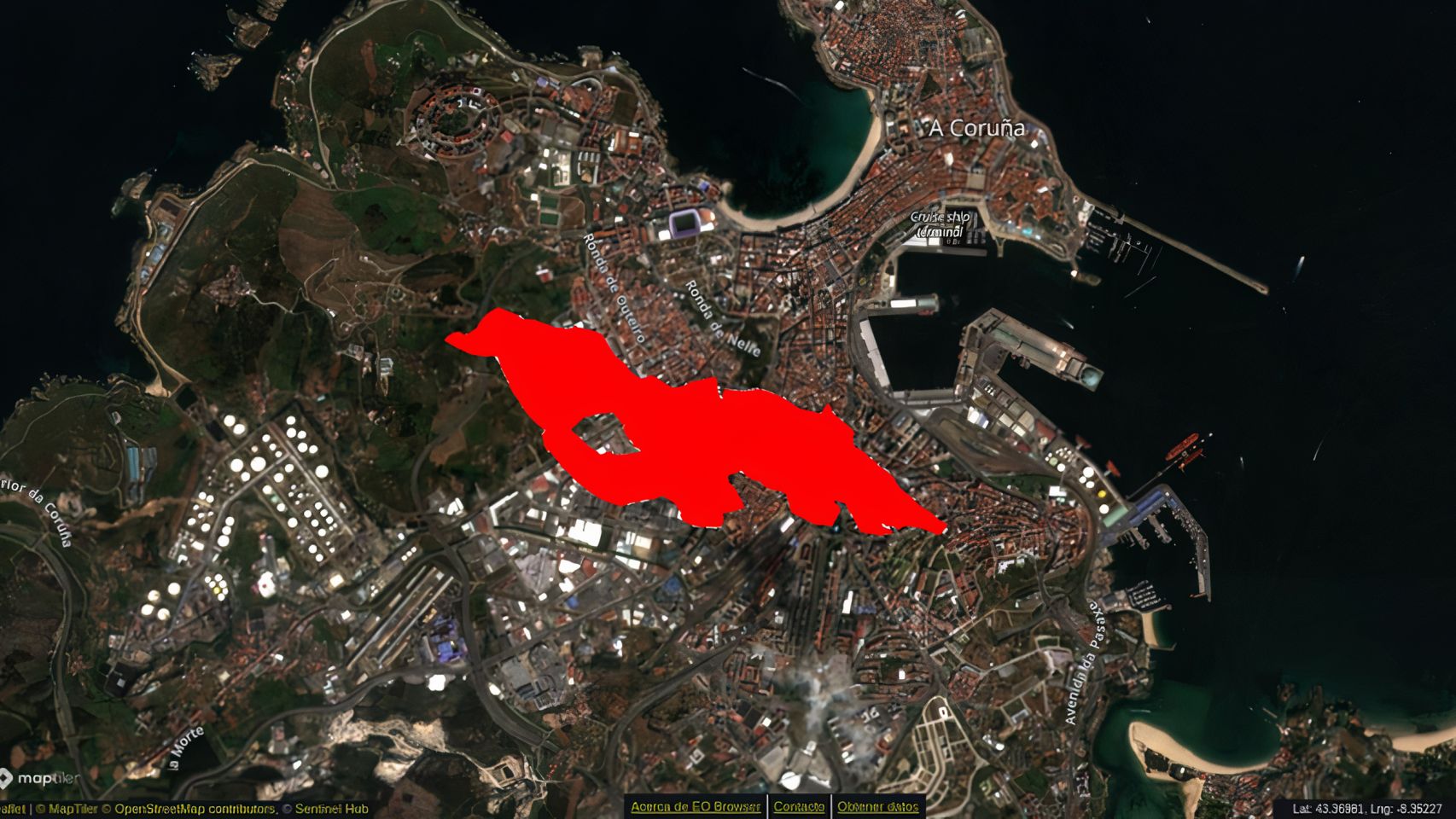 Simulación del tamaño de la lava en comparación con la extensión de A Coruña 