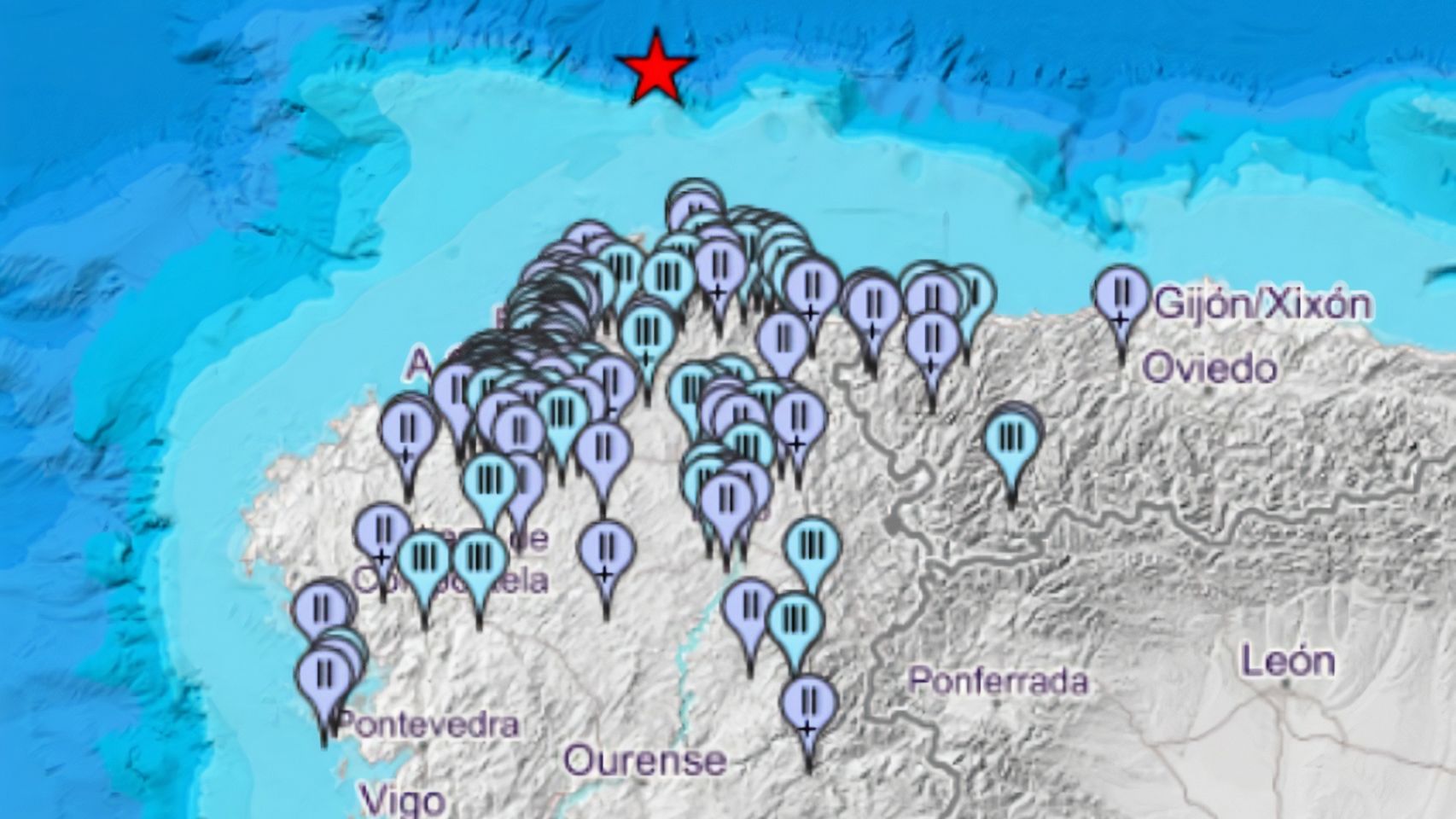 Varios lugares desde los que los gallegos reportaron haber sentido el terremoto del 29 de octubre.
