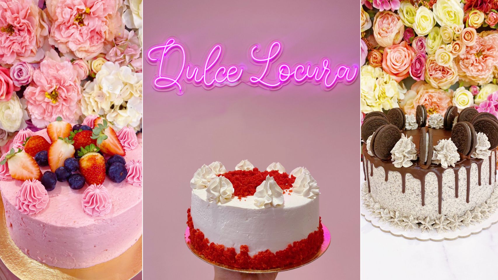 Las tartas caseras de Dulce Locura y su panel floral.