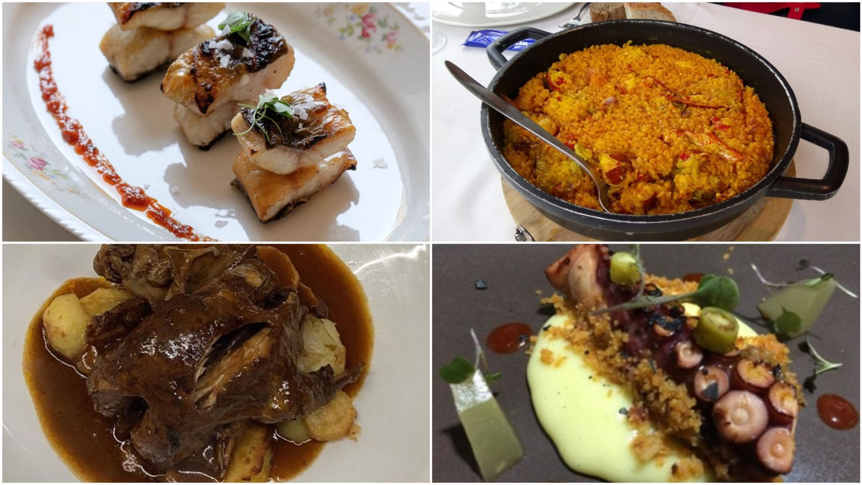 Cuatro de las propuestas gastronómicas de los restaurantes con Bib Gourmand de Galicia.