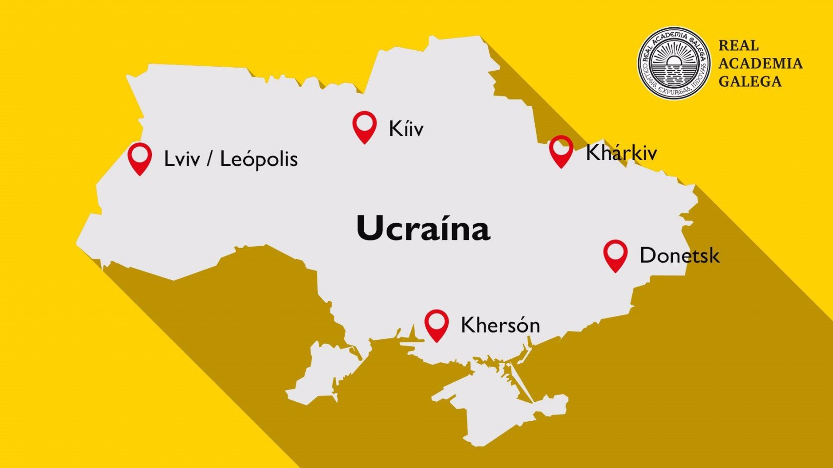 Mapa de la RAG con los nombres de las principales ciudades ucranianas escritos en su forma gallega.