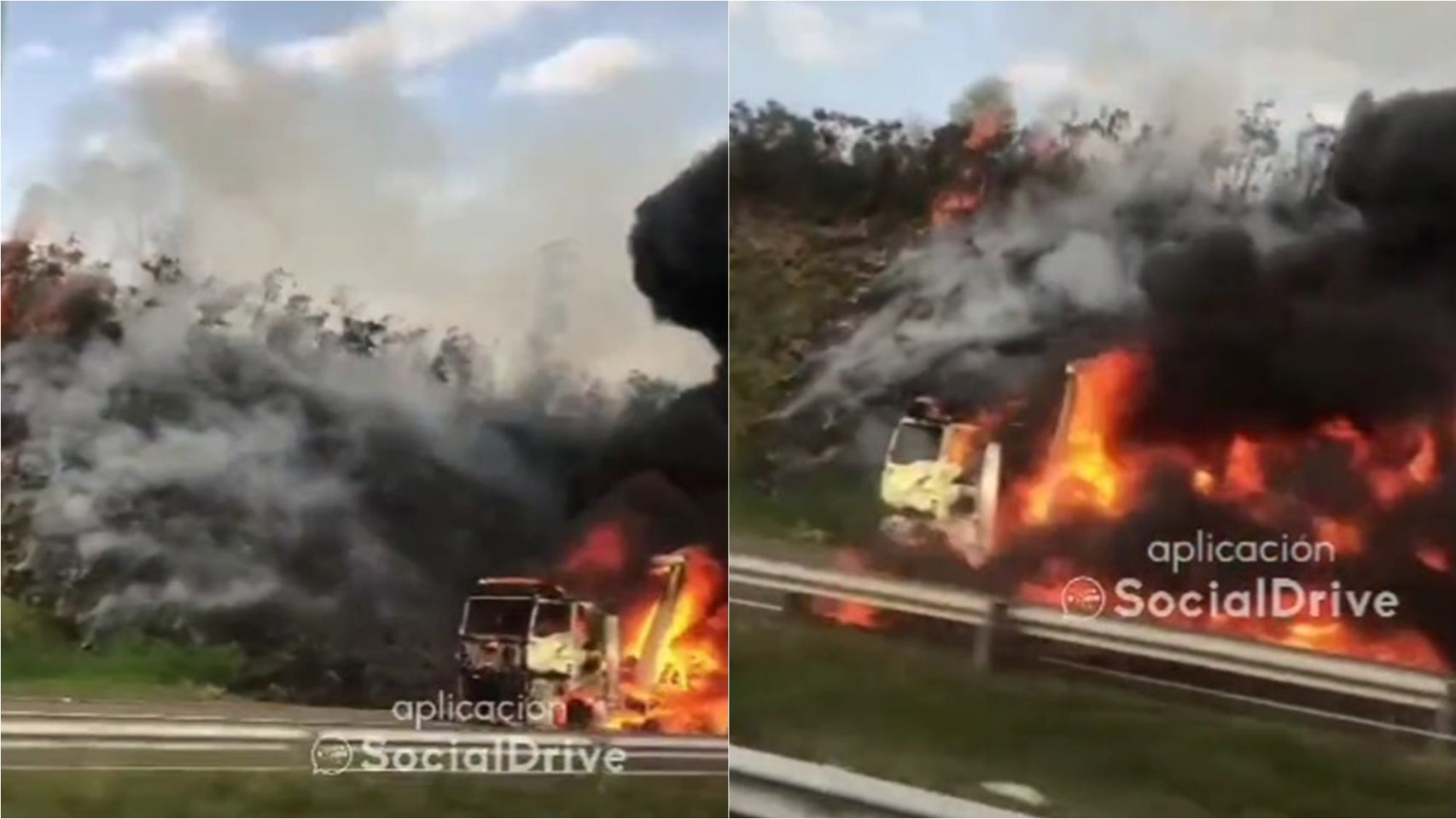 El camión incendiado en la AP-9 a la altura de Abegondo (A Coruña).