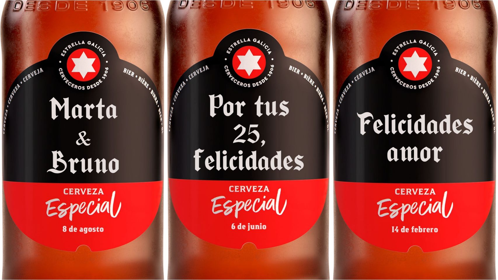 Tres etiquetas de Estrella Galicia personalizadas.