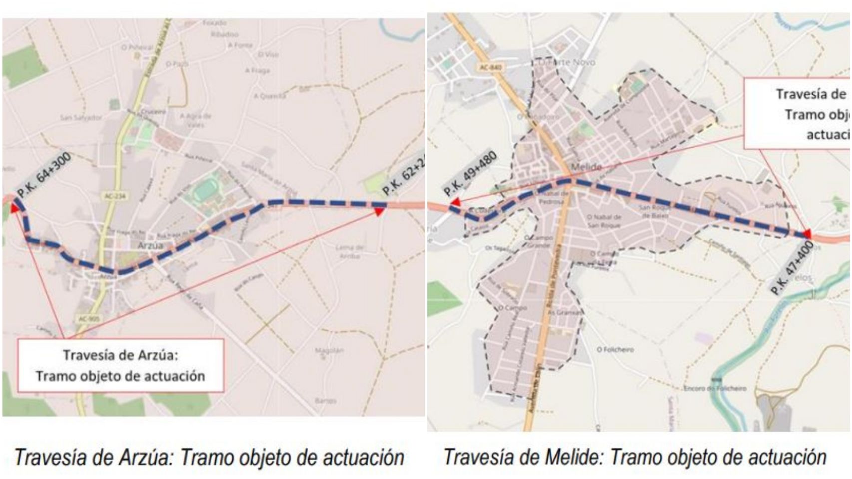 Las obras de rehabilitación de la N-547 en las travesías de Arzúa y Melide.
