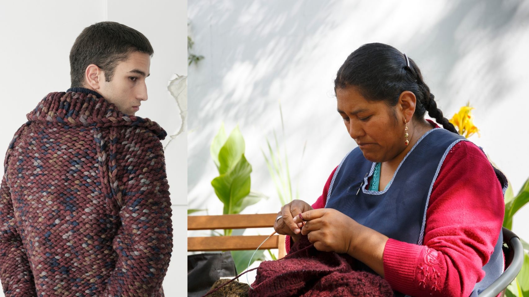 Un modelo posa con una de las prendas de Knitbrary y una tejedora elabora una de las piezas de la marca en Perú.