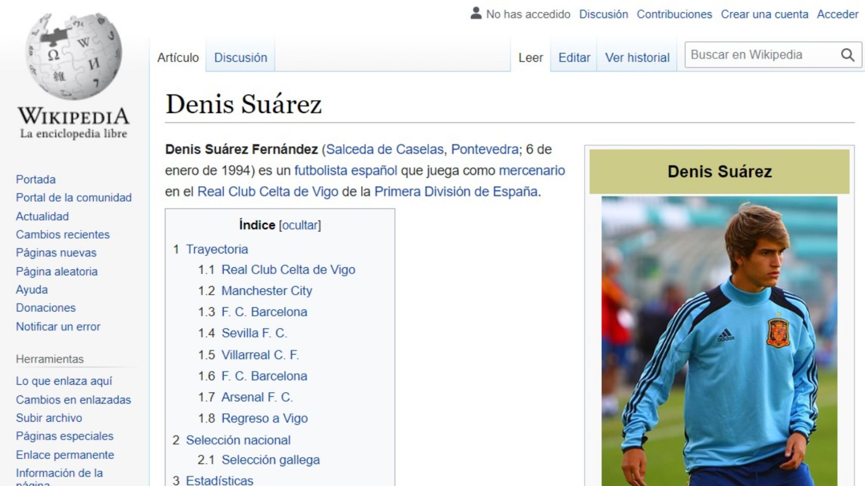 Página de Wikipedia de Denis Suárez editada.