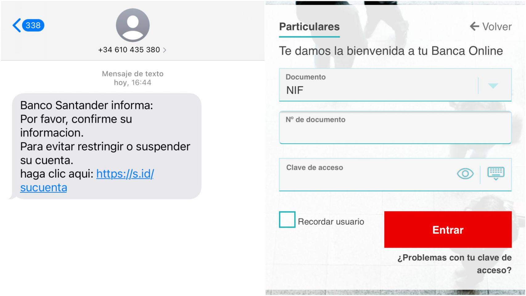 Captura del SMS que envían y de la falsa pantalla de acceso al Banco Santander