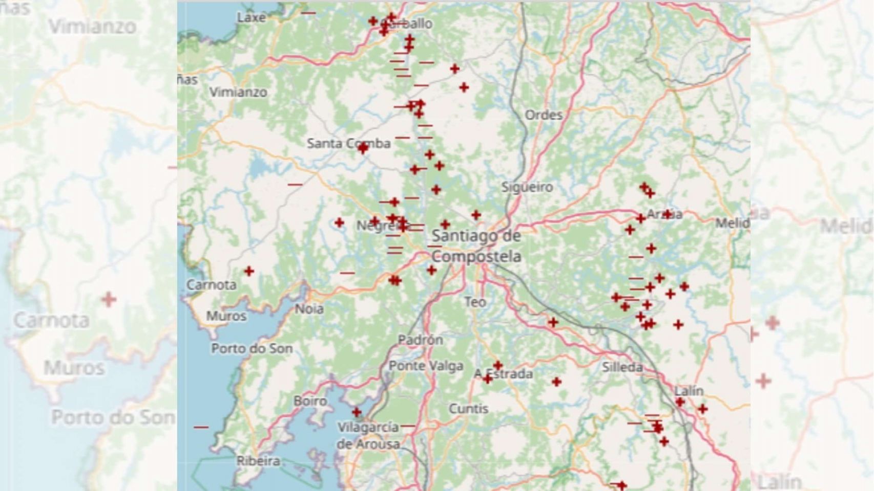 Mapa de los rayos caídos en Galicia por la borrasca Danielle 