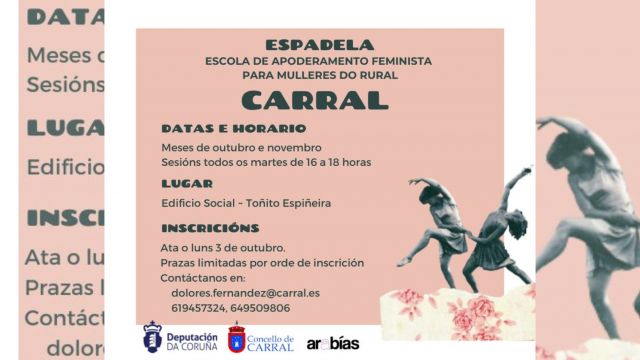 Cartel de los talleres que ofrecerá la Escola de Apoderamento Feminista de Mulleres do Rural en Carral (A Coruña).