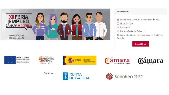 La XII Feria de Empleo de la Cámara de A Coruña se celebrará el próximo 4 de octubre.
