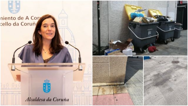 Inés Rey, alcaldesa de A Coruña, y varias fotografías recientes de suciedad en la ciudad