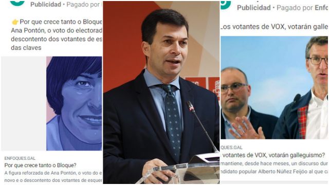 Gonzalo Caballero, flanqueado por dos de las publicaciones promocionadas a favor dle BNG y Vox