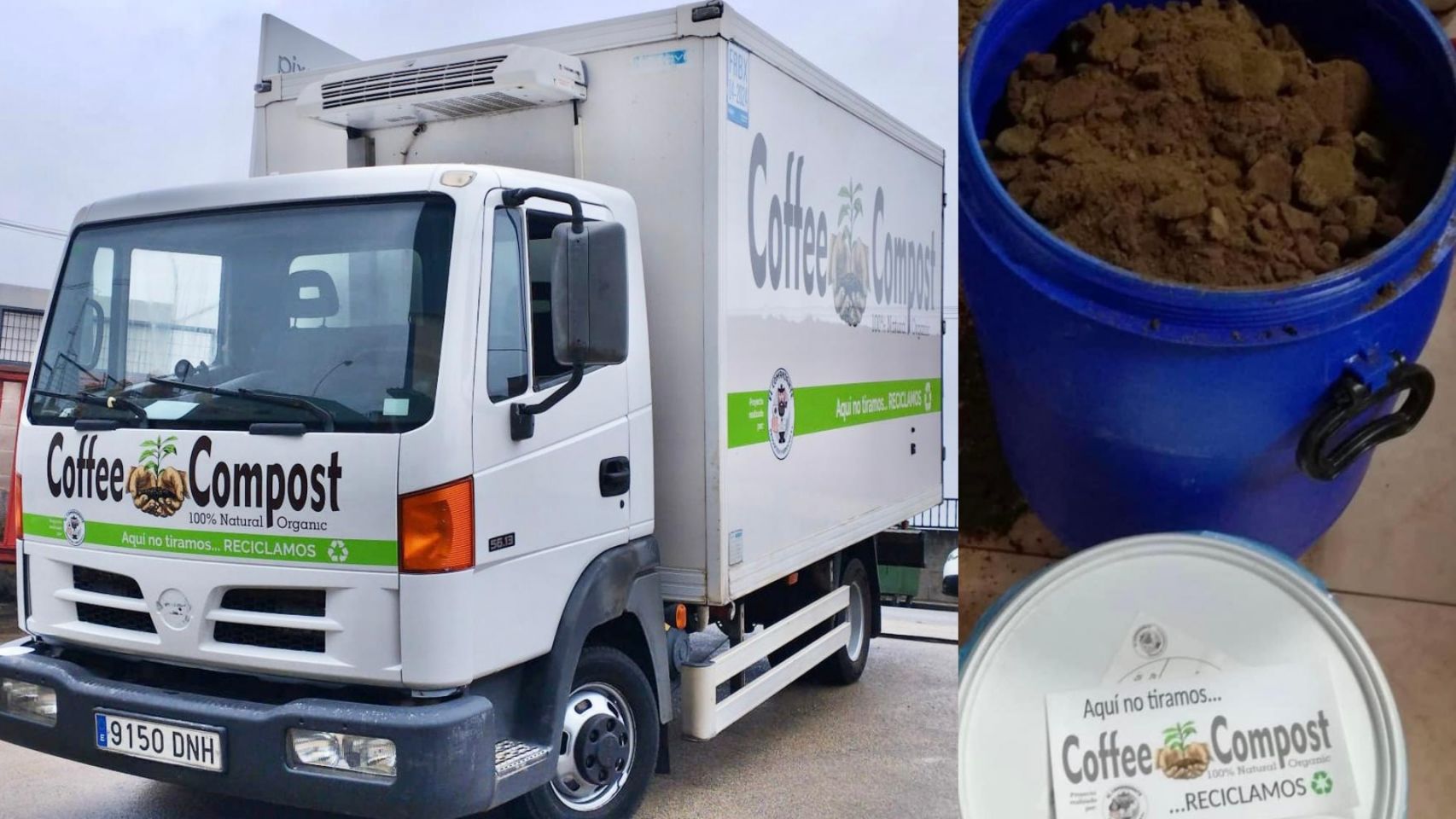 La furgoneta y el bidón para recoger borras de café para el proyecto Coffee Compost.