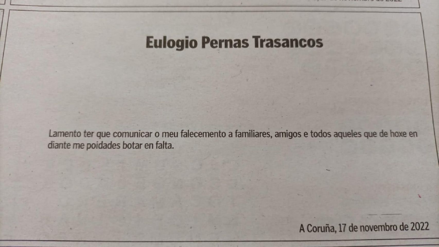 La esquela publicada hoy en 'La Voz de Galicia'.