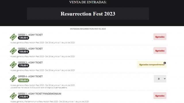 Portal de entradas del Resurrection Fest 2023.