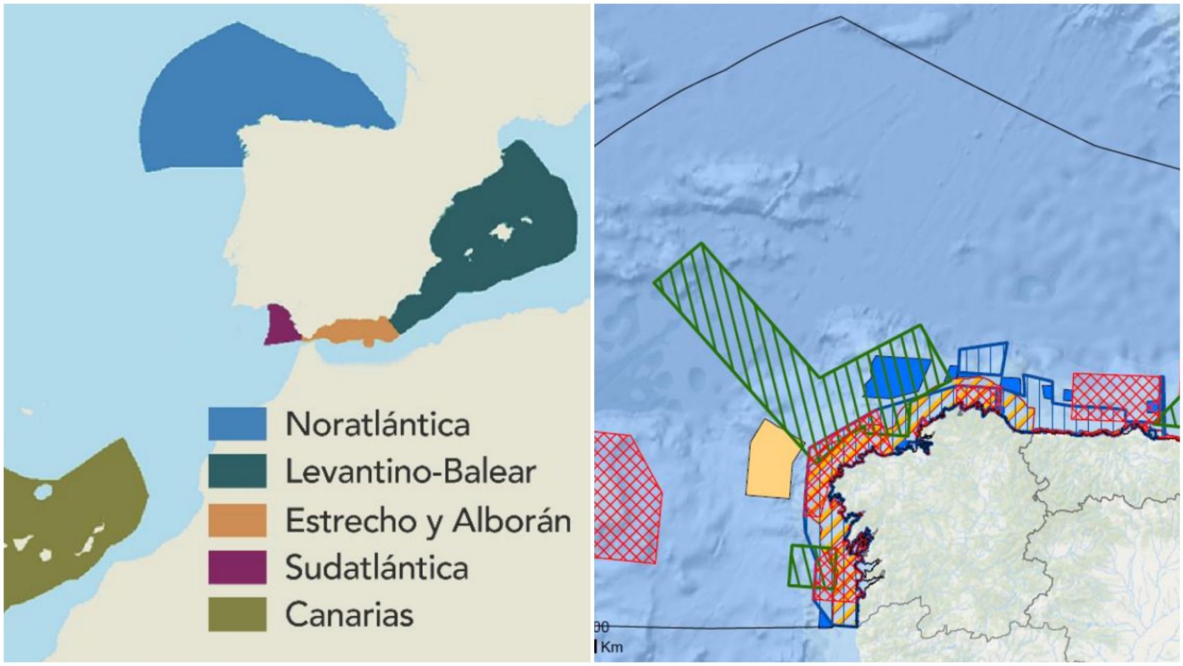 Demarcaciones del POEM (izda) y a la derecha, en azul, las 5 áreas gallegas para la instalción de eólica marina. 