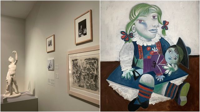 A la izquierda, una de las salas de la exposición y a la derecha 'Maya con una muñeca' (Picasso,1938)-