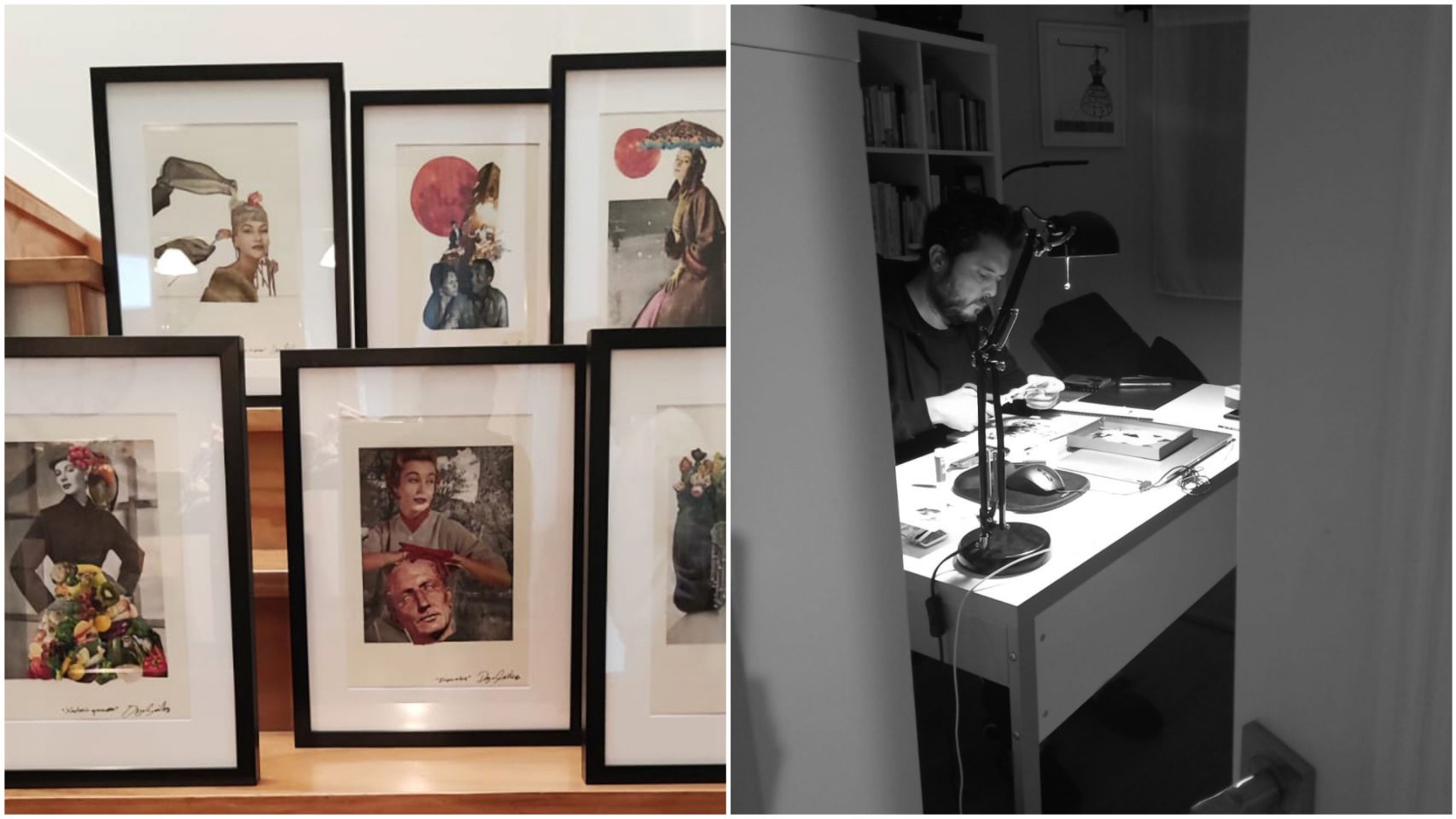 Diego Giráldez y algunos de sus collages.
