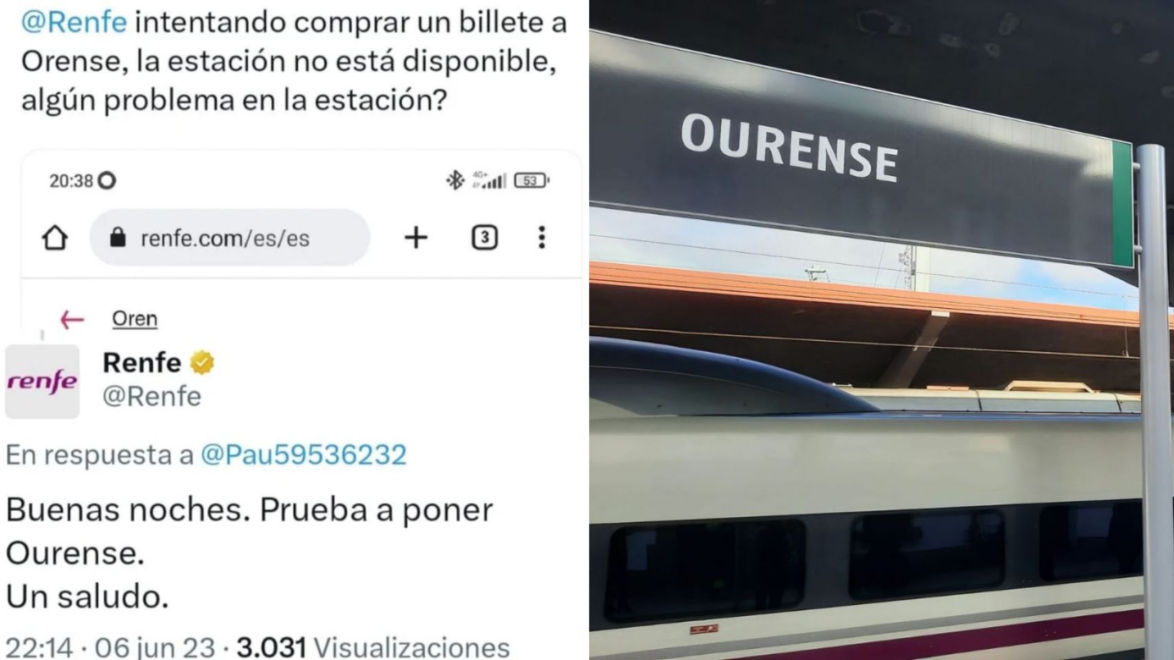 Respuesta de Renfe en Twitter y el cartel de la estación de Ourense.