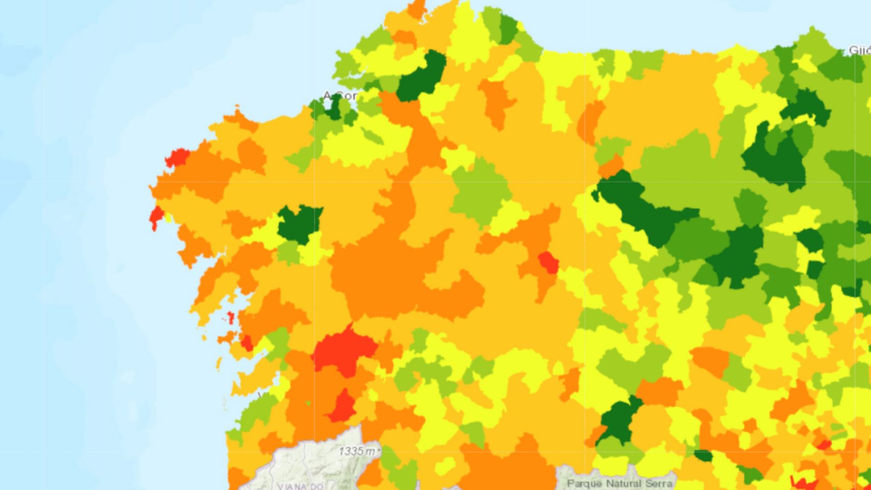 Mapa de Galicia por renta neta en cada municipio (INE)