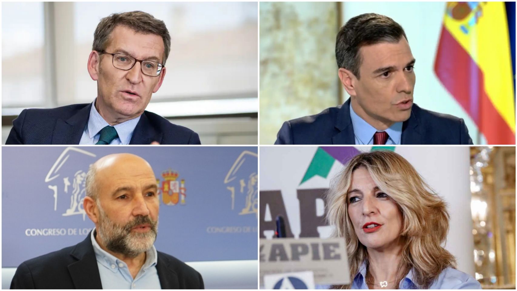 Feijóo (PP), Sánchez (PSOE), Rego (BNG) y Díaz (Sumar)
