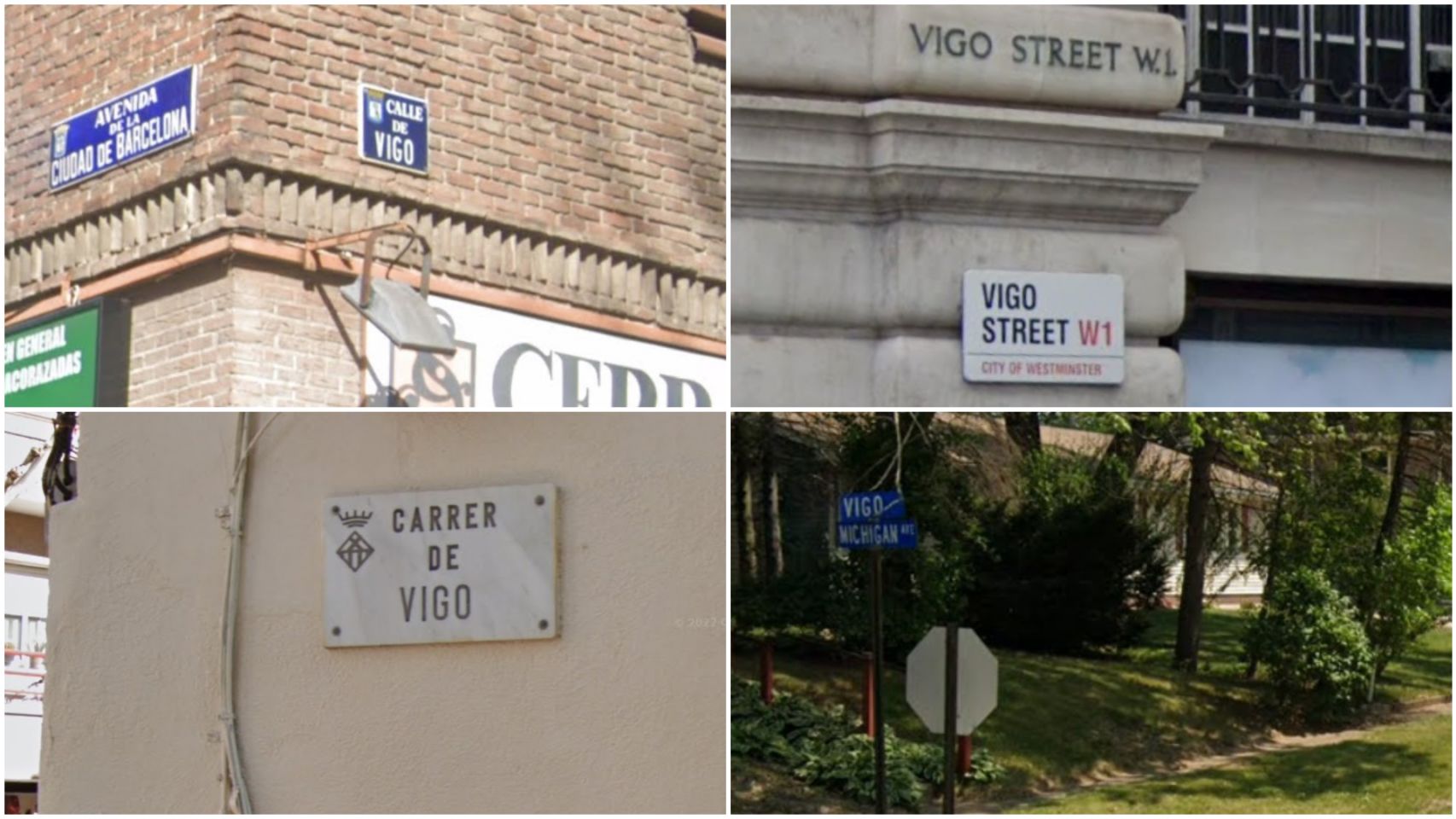 Placas de las calles que llevan el nombre de Vigo por España y el mundo.