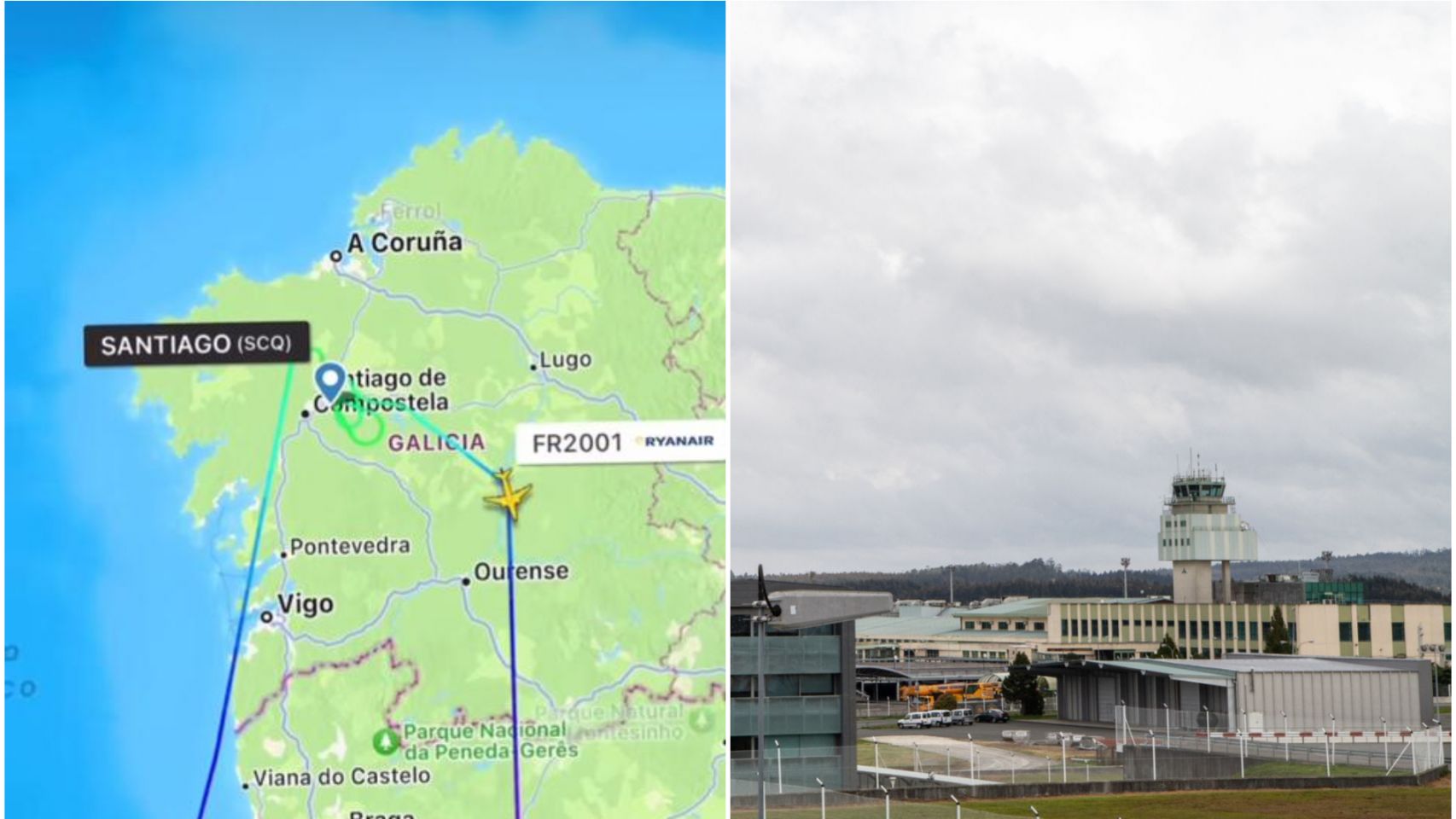 Imagen de la ruta que tomó el vuelo (izq), y el aeropuerto de Lavacolla (dcha)