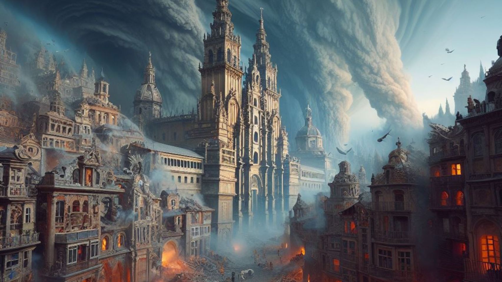 Imagen ficticia creada con IA sobre el 'final' de la ciudad de Santiago.  

