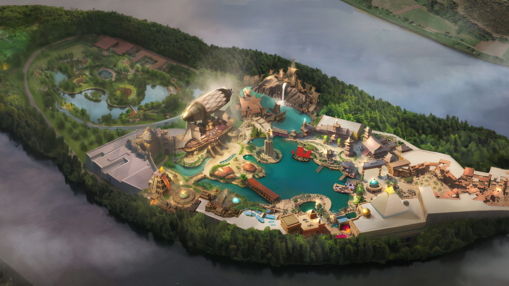 Infografía del parque de atracciones Boega Island en el río Miño.