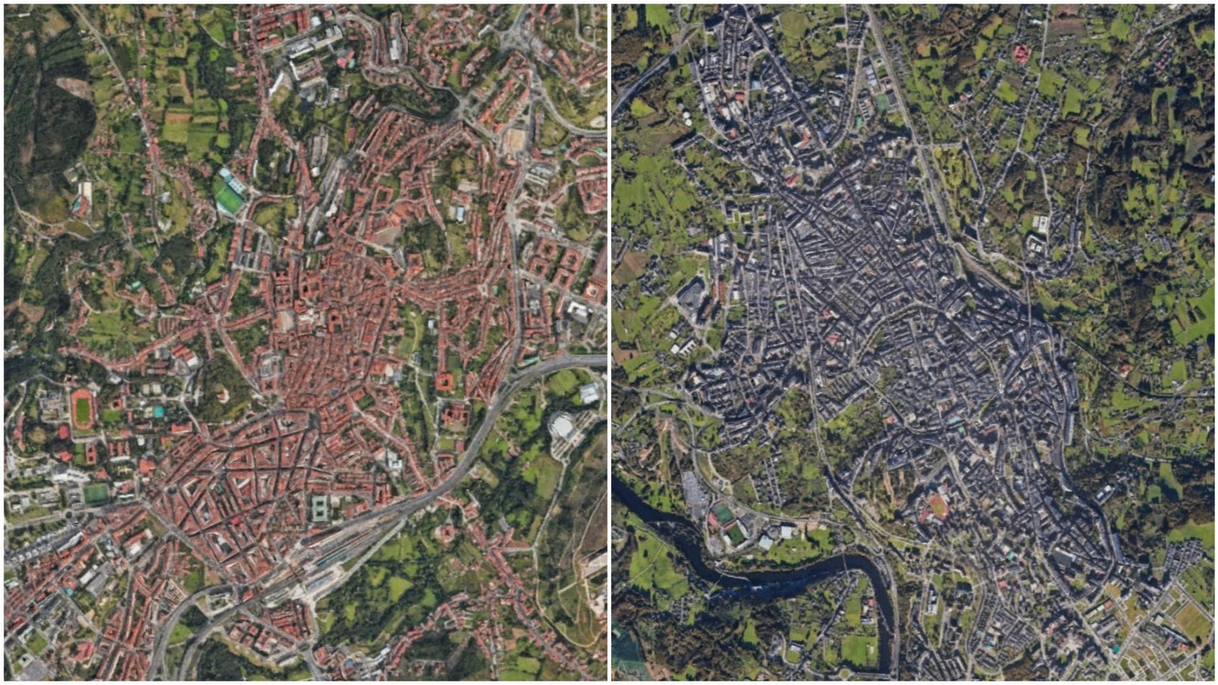 Vista aérea de Santiago de Compostela (izquierda) y Lugo (derecha)