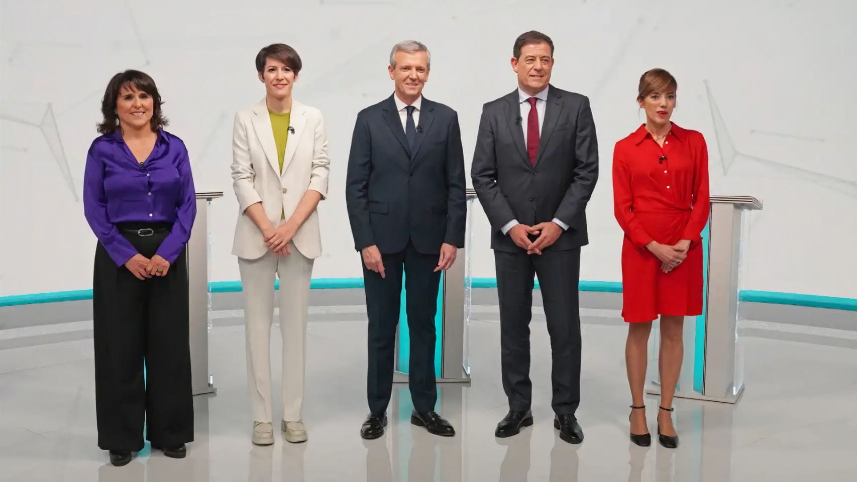 Isabel Faraldo, Ana Pontón, Alfonso Rueda, José Ramón Gómez Besteiro y Marta Lois en el debate de la CRTVG.